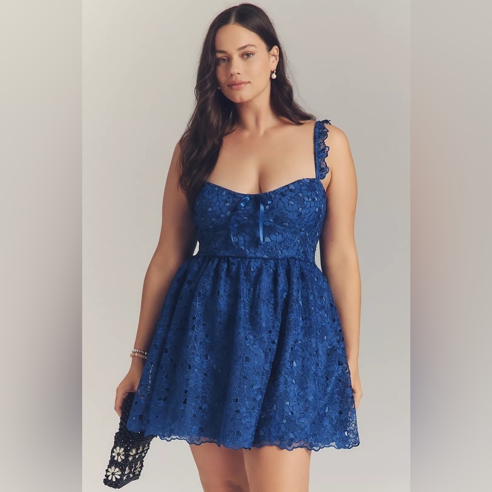 NWT! By Anthropologie Blue Ruffle-Strap Corset Lace Mini Dress - Multiple